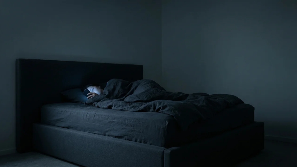 Člověk v posteli dívající se do mobilu